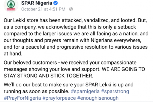 SPAR Nigeria Supermarket Looting Message